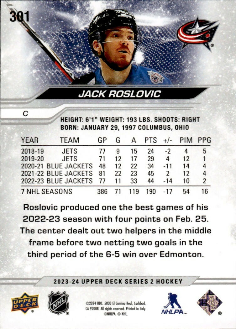 2023-24 Upper Deck Series 2 Hockey - Base #301 Jack Roslovic - Columbus Blue Jackets - B