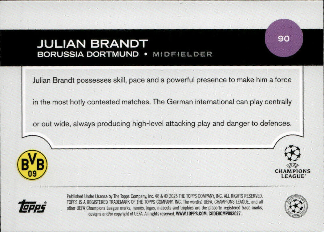 2024-25 Topps UEFA Club Competitions - Base #90 Julian Brandt - Borussia Dortmund - B