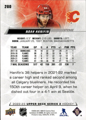 2022-23 Upper Deck Series 2 Hockey - Base #280 Noah Hanifin - Calgary Flames