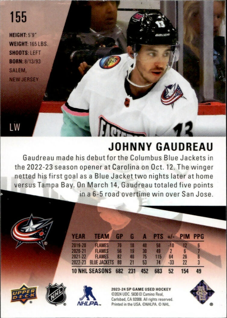2023-24 Upper Deck SP Game Used Hockey - Base - Red :229 #155 Johnny Gaudreau - Columbus Blue Jackets - B