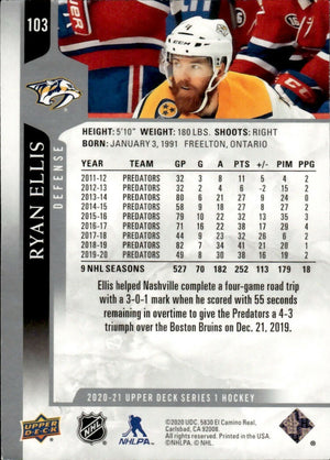 2020-21 Upper Deck Series 1 Hockey #103 Ryan Ellis - Nashville Predators