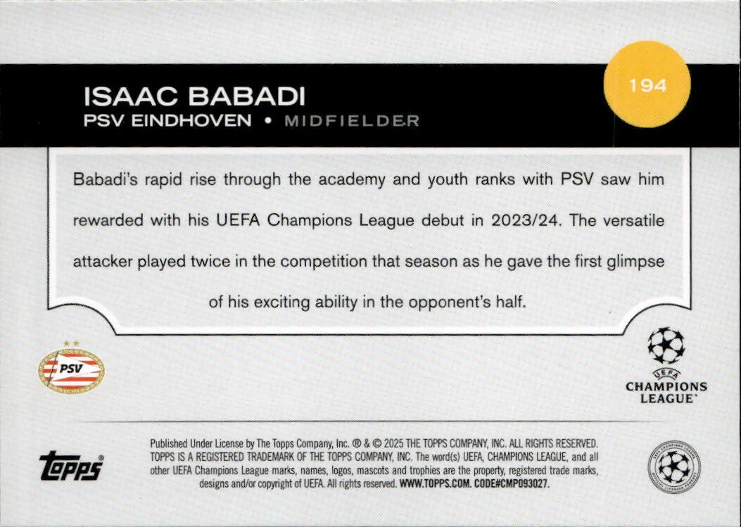 2024-25 Topps UEFA Club Competitions - Base #194 Isaac Babadi - PSV Eindhoven - B