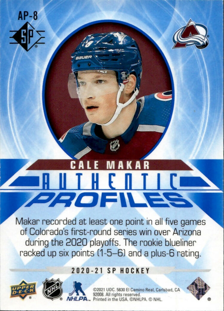 2020-21 Upper Deck SP Authentic Hockey - SP Rookie Authentics - Blue # AP-8 Cale Makar - Colorado Avalanche - B