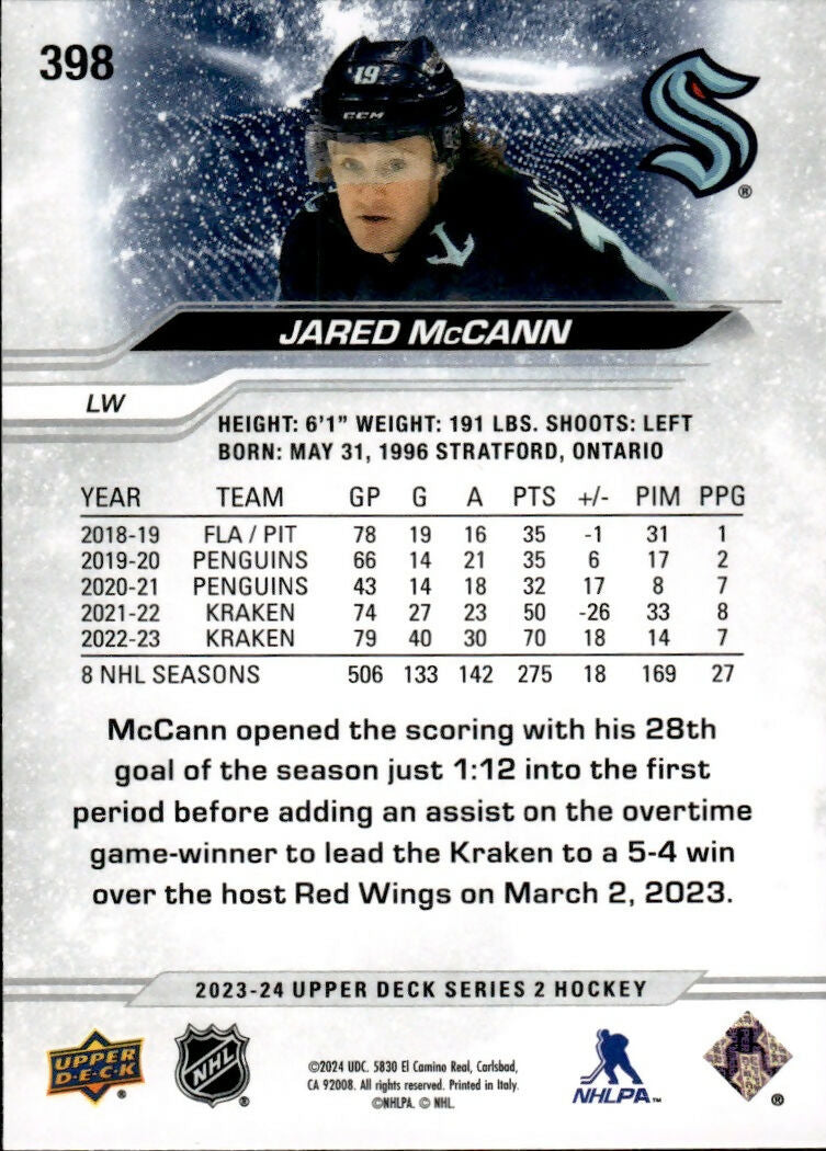 2023-24 Upper Deck Series 2 Hockey - Base #398 Jared McCann - Seattle Kraken - B