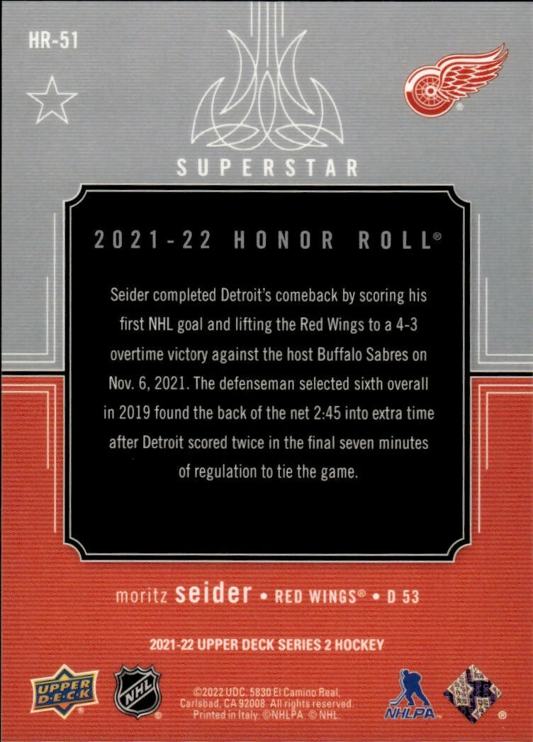 2021-22 Upper Deck Series 2 Hockey - Honor Roll #HR-51 Moritz Seider - Detroit Red Wings - B