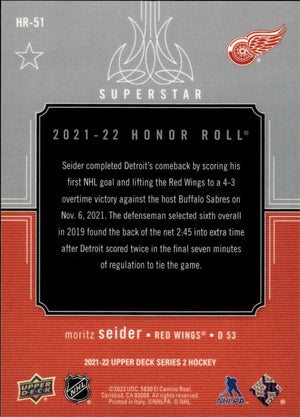 2021-22 Upper Deck Series 2 Hockey - Honor Roll #HR-51 Moritz Seider - Detroit Red Wings - B