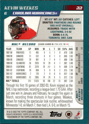 2003-04 O-Pee-Chee - Base - Blue :500 #22 Kevin Weekes - Carolina Hurricanes - B