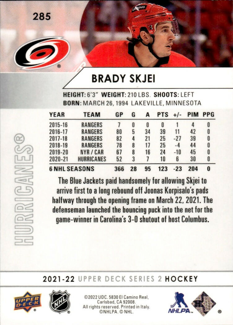 2021-22 Upper Deck Series 2 Hockey - Base #285 Brady Skjei - Carolina Hurricanes - B