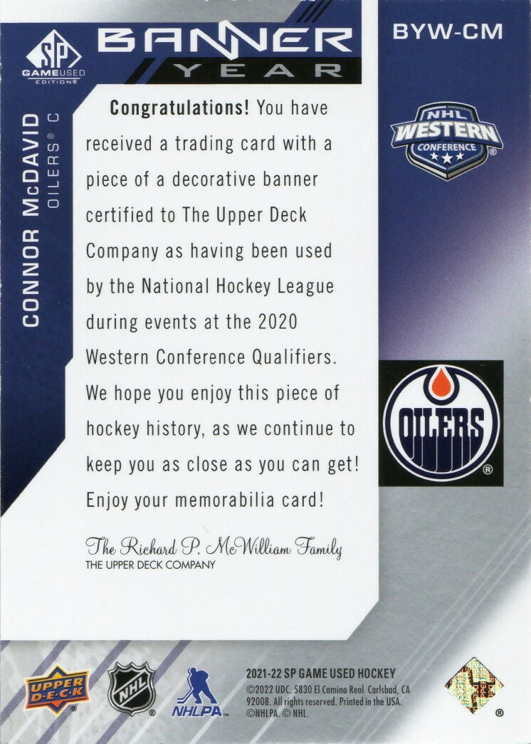 2021-22 Upper Deck SP Game Used Hockey - 2021 NHL Western Conference Banner Year Relics #BYW-CM Connor McDavid - Edmonton Oilers - B