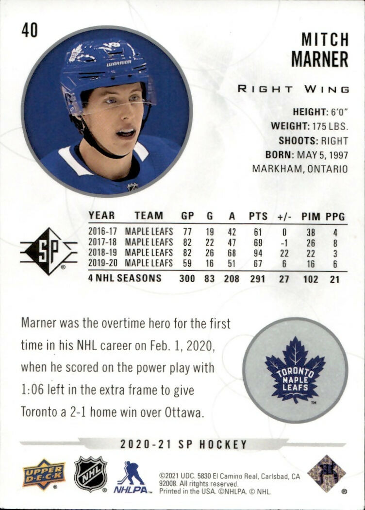 2020-21 Upper Deck Sp Authentic Hockey - Base #40 Mitch Marner - Toronto Maple Leafs