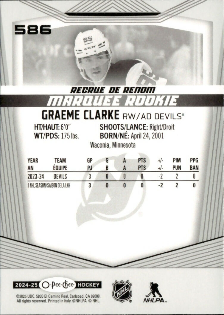 2024-25 Upper Deck O-Pee-Chee - Base - Marquee Rookie #586 Graeme Clarke - New Jersey Devils - B