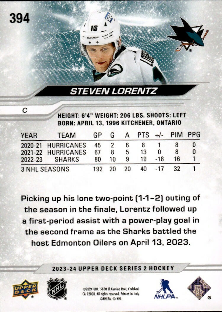 2023-24 Upper Deck Series 2 Hockey - Base #394 Steven Lorentz - San Jose Sharks - B