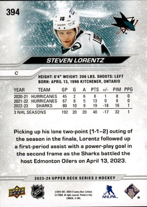 2023-24 Upper Deck Series 2 Hockey - Base #394 Steven Lorentz - San Jose Sharks - B