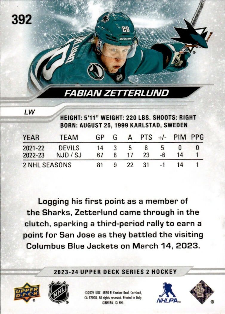 2023-24 Upper Deck Series 2 Hockey - Base #392 Fabian Zetterlund - San Jose Sharks - B