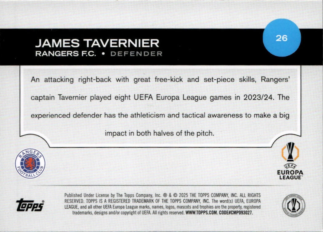 2024-25 Topps UEFA Club Competitions - Base #26 James Tavernier - Rangers F.C. - B