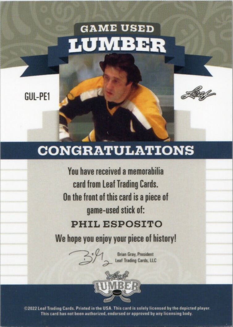2022 Leaf Lumber - Game Used Lumber 1:1 #GUL-PE1 Phil Esposito - B