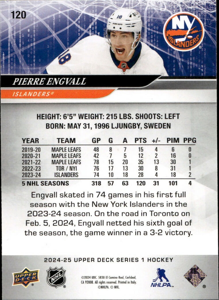2024-25 Upper Deck Series 1 Hockey - Base #120 Pierre Engvall - New York Islanders - B