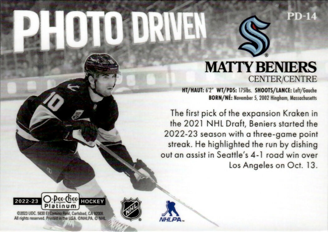 2022-23 Upper Deck O-Pee-Chee Platinum Hockey - Photo Driven #PD-14 Matty Beniers - Seattle Kraken