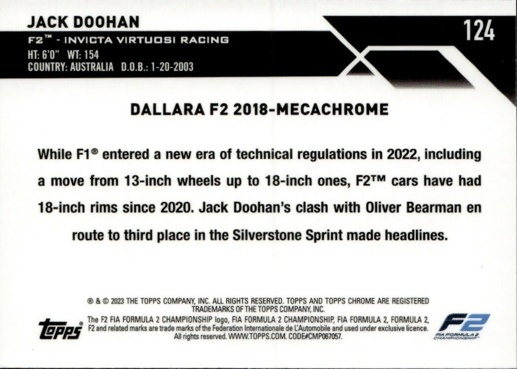 2023 Topps Chrome Formula 1 Base #124 - F2 Cars Jack Doohan - F2 Invica Virtuosi Racing - B