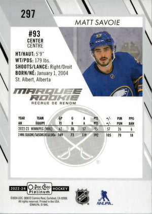 2023-24 Upper Deck O-Pee Chee Platinum Hockey - Base - Marquee Rookie #297 Matt Savoie - Buffalo Sabres - B