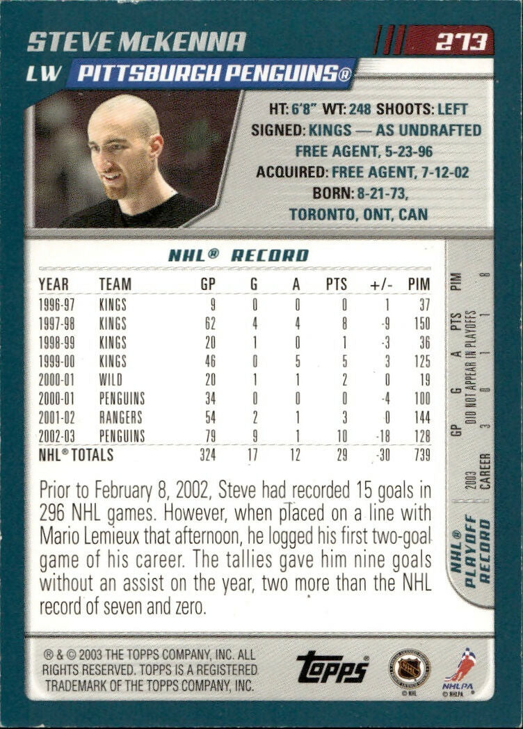 2003-04 O-Pee-Chee - Base - Blue :500 #273 Steve McKenna - Pittsburgh Penguins - B