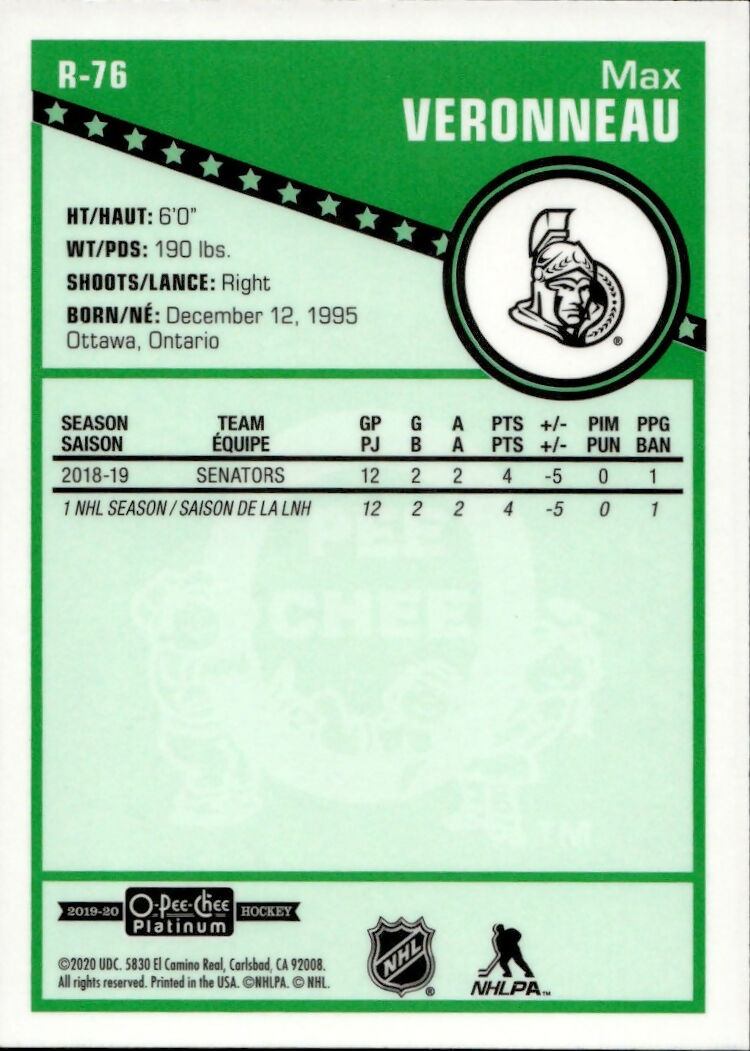 2019-20 Upper Deck O-Pee-Chee Platinum Hockey - Retro - Rookie #R-76 Max Veronneau - Ottawa Senators