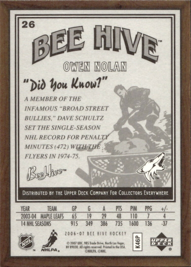 2006-07 Upper Deck - Bee Hive Hockey - Base #26 Owen Nolan - Phoenix Coyotes - B
