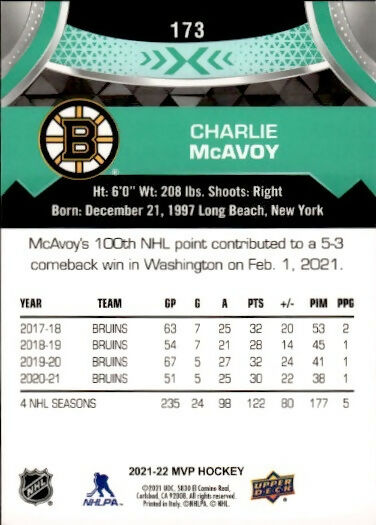 2021-22 Upper Deck MVP Hockey - Base #173 Charlie McAvoy - Boston Bruins