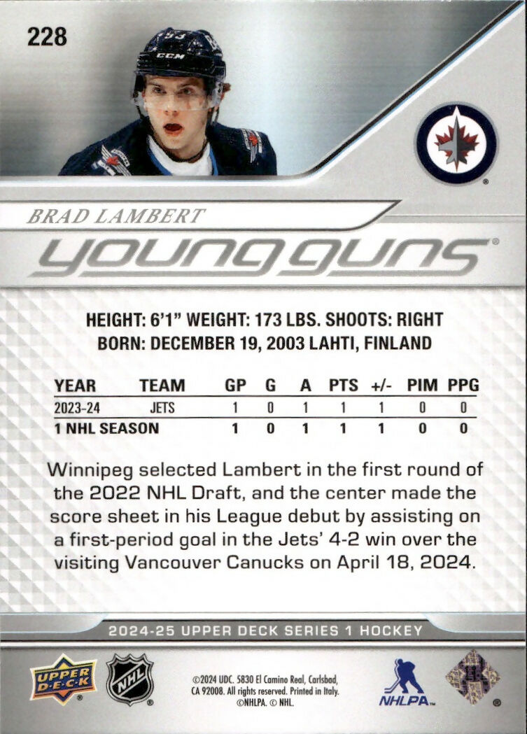 2024-25 Upper Deck Series 1 Hockey - Base - Young Guns #228 Brad Lambert - Winnipeg Jets