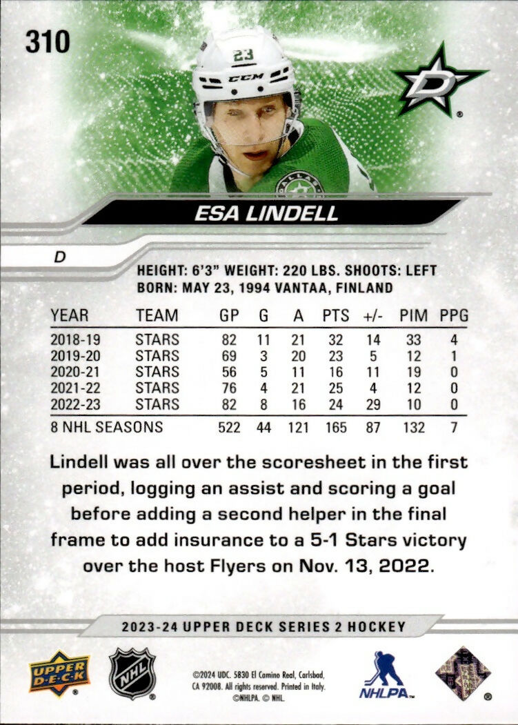 2023-24 Upper Deck Series 2 Hockey - Base #310 Esa Lindell - Dallas Stars - B