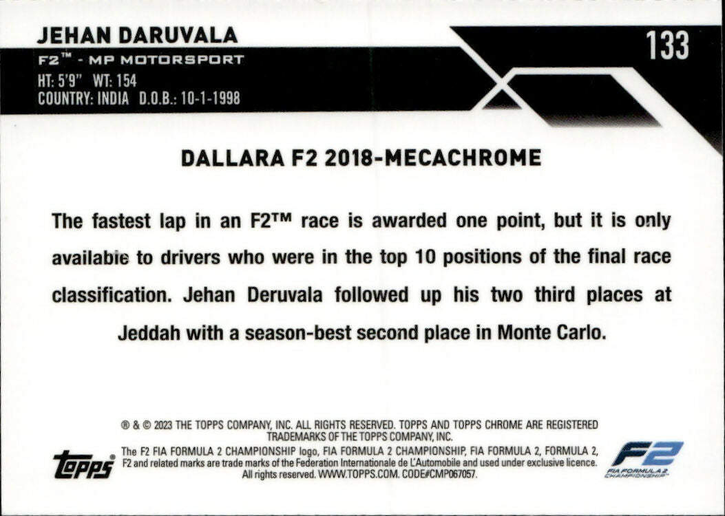 2023 Topps Chrome Formula 1 Base #133 - F2 Cars Jehan Daruvala - F2 MP Motorsport - B