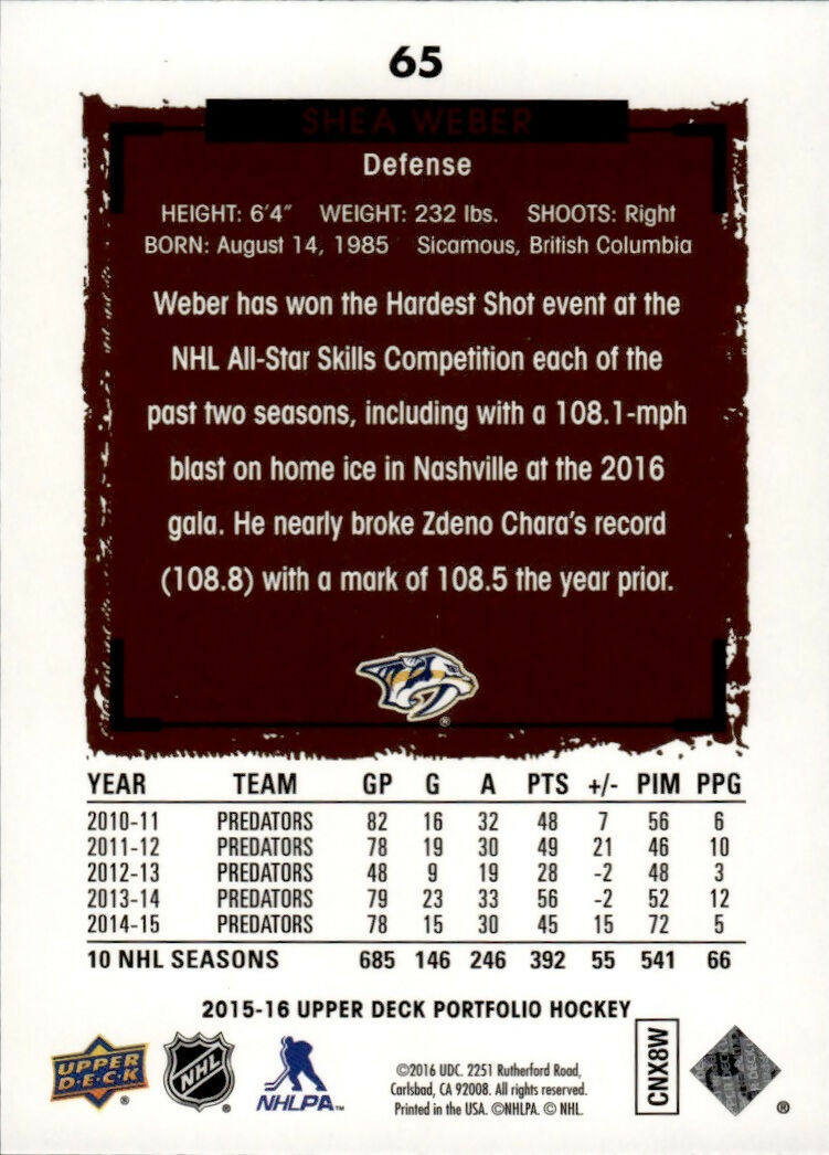 2015-16 Upper Deck Portfolio Hockey - Base #65 Shea Weber - Nashville Predators