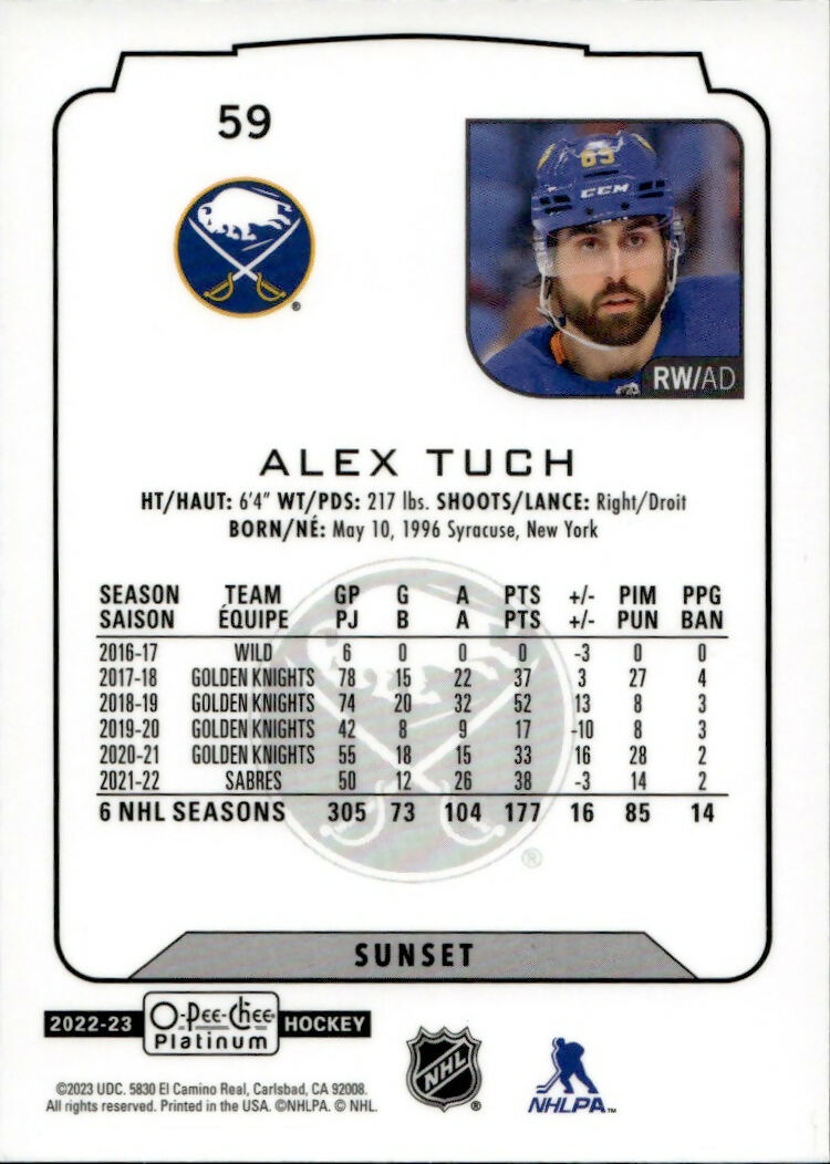2022-23 Upper Deck O-Pee-Chee Platinum Hockey - Base - Sunset #59 Alex Tuch - Buffalo Sabres - B