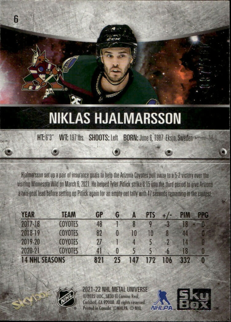 2021-22 Upper Deck Skybox Metal Universe - Base - Precious Metal Gems - Red :100 #6 Niklas Hjalmarsson - Arizona Coyotes - B