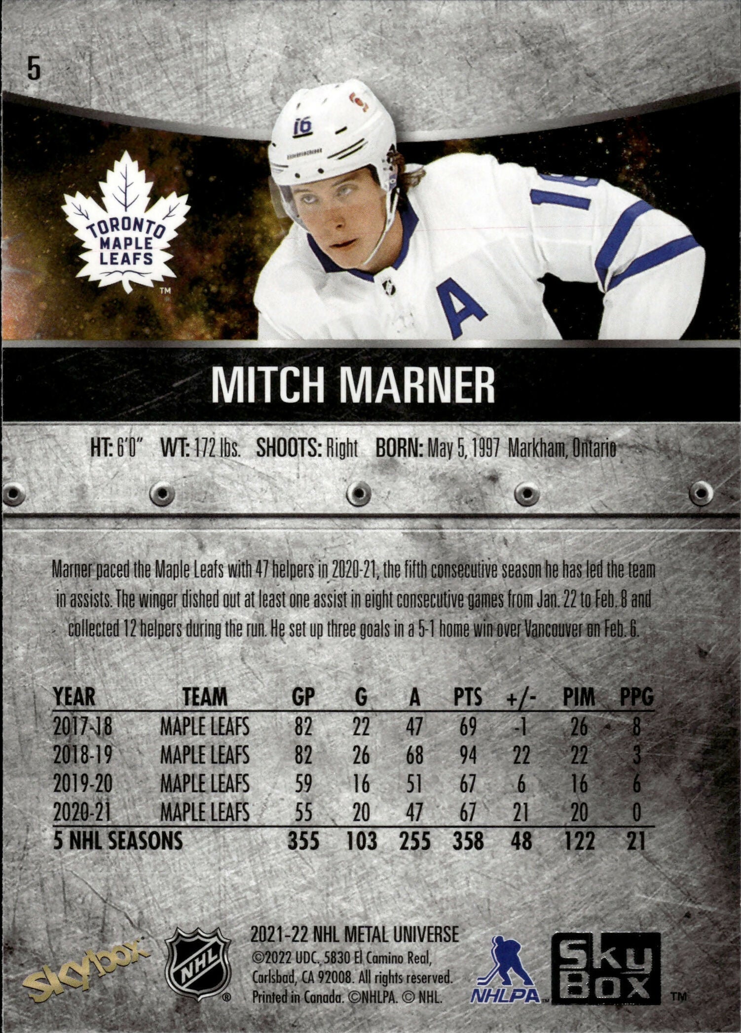 2021-22 Upper Deck Skybox Metal Universe Hockey Base #5 Mitch Marner - Toronto Maple Leafs - B