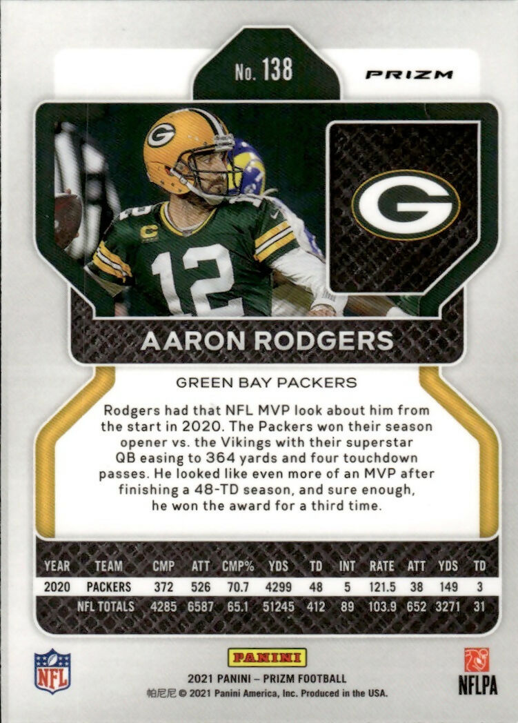 2021 Panini Prizm Football Base - Green Prizm #138 Aaron Rodgers Green Bay Packers - B