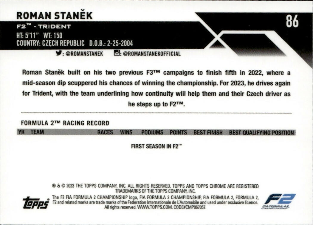 2023 Topps Chrome Formula 1 Base #86 - F2 Drivers Roman Stanek - F2 Trident - B