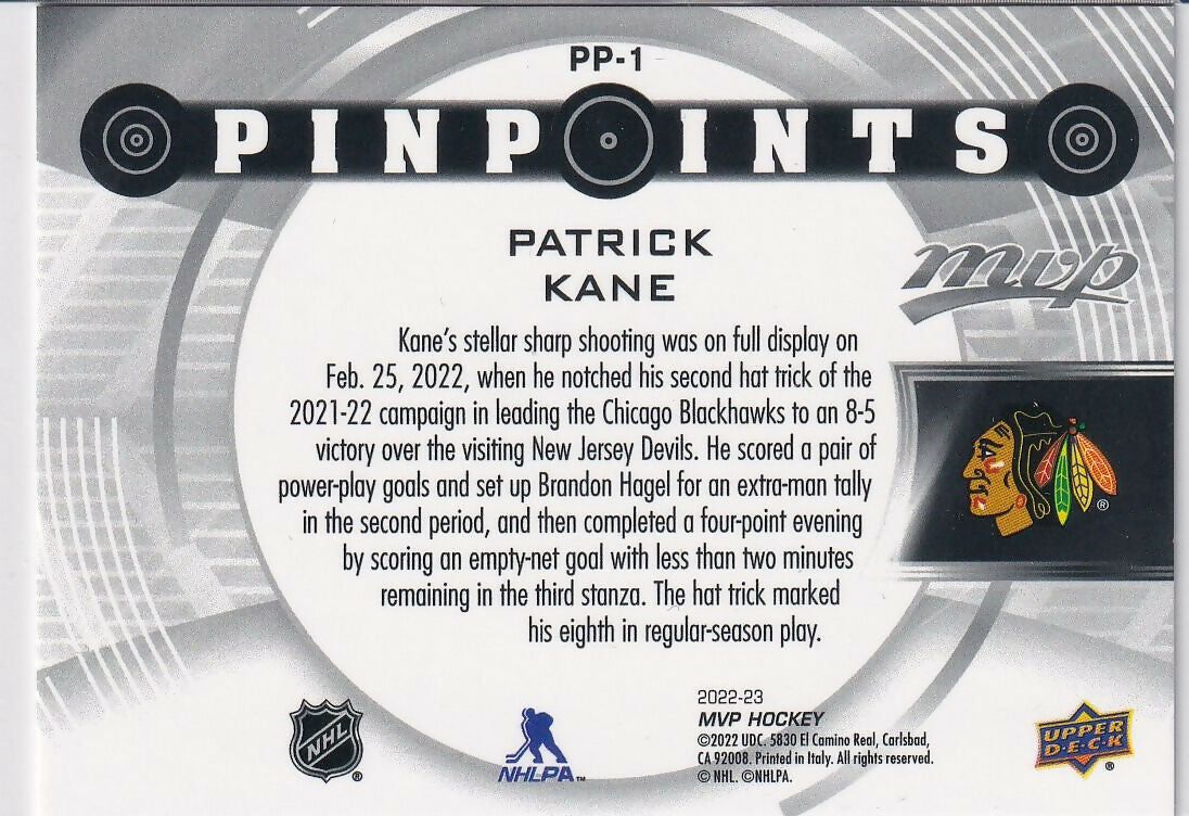 2022-23 Upper Deck MVP Pinpoints #PP-1 Patrick Kane Chicago Blackhawks