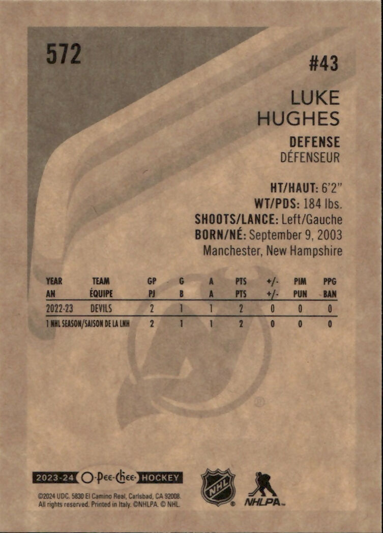 2023-24 Upper Deck O-Pee-Chee Hockey - Base - Retro #572 Luke Hughes - New Jersey Devils - B