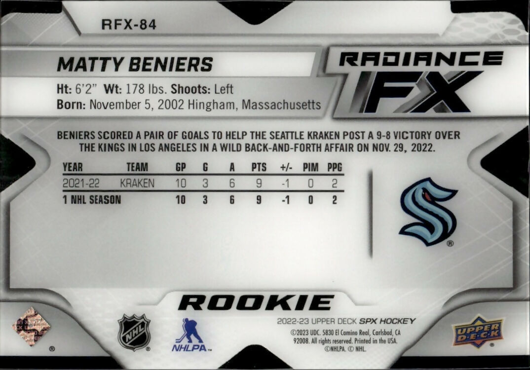 2022-23 Upper Deck SPX Hockey - Radiance FX - Blue :399 #RFX-84 Matty Beniers - Seattle Kraken - B