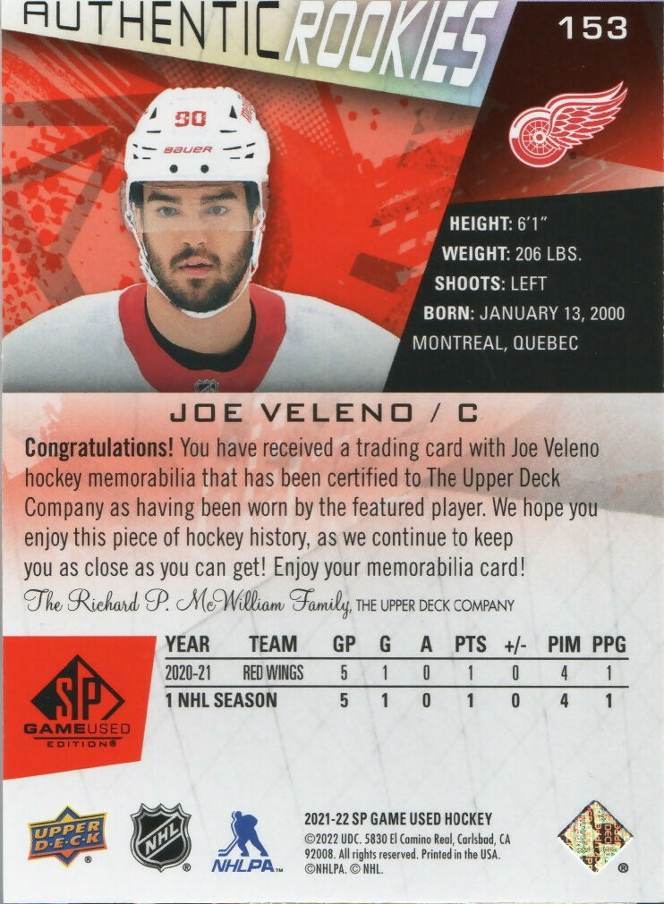 2021-22 Upper Deck SP Game Used Hockey - Base - Red Jerseys - Authentic Rookies :205 #28 Joe Veleno - Detroit Red Wings - B