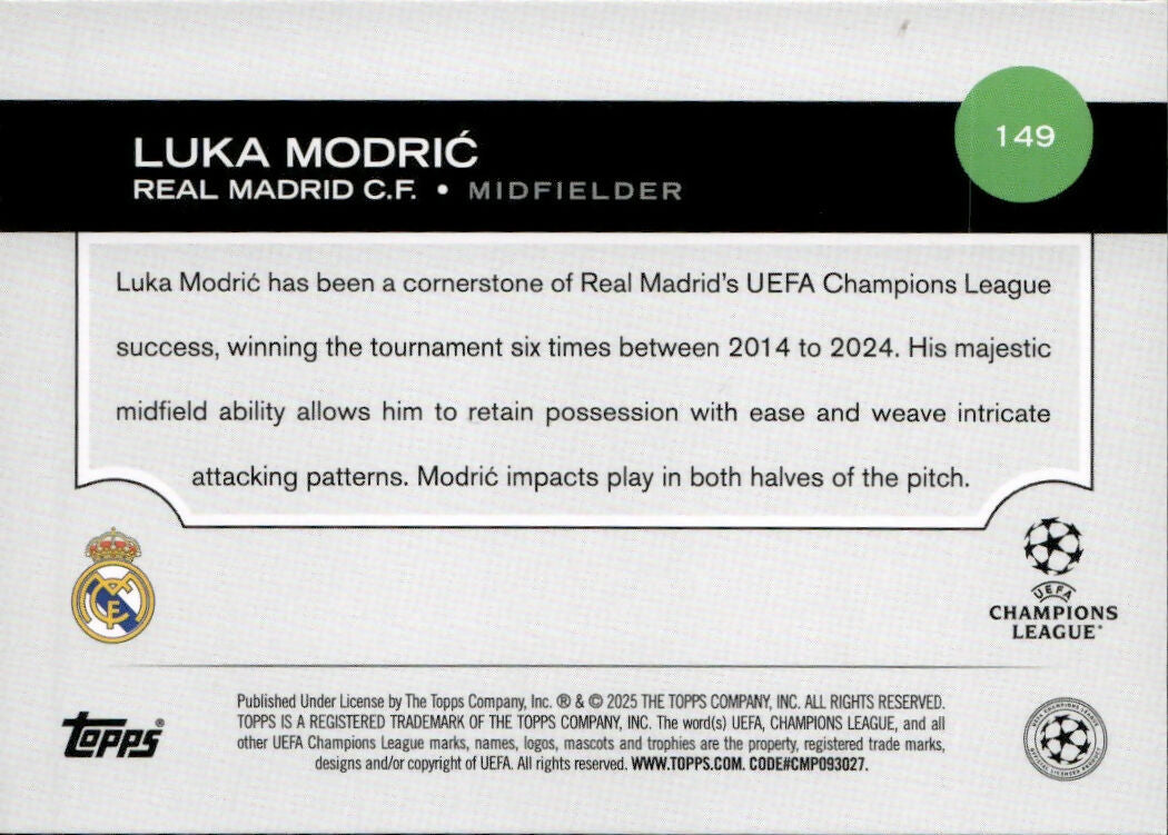 2024-25 Topps UEFA Club Competitions - Base #149 Luka Modric - Real Madric C.F. - B