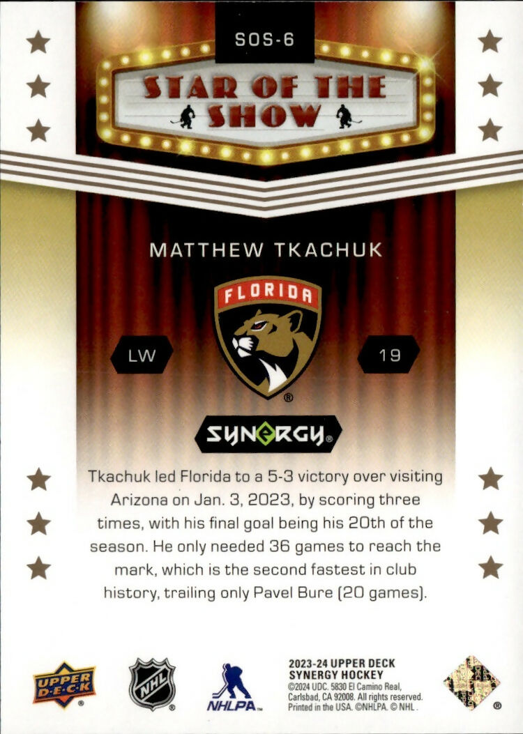 2023-24 Upper Deck Synergy Hockey - Star Of the Show #SOS-6 Matthew Tkachuk - Florida Panthers - B