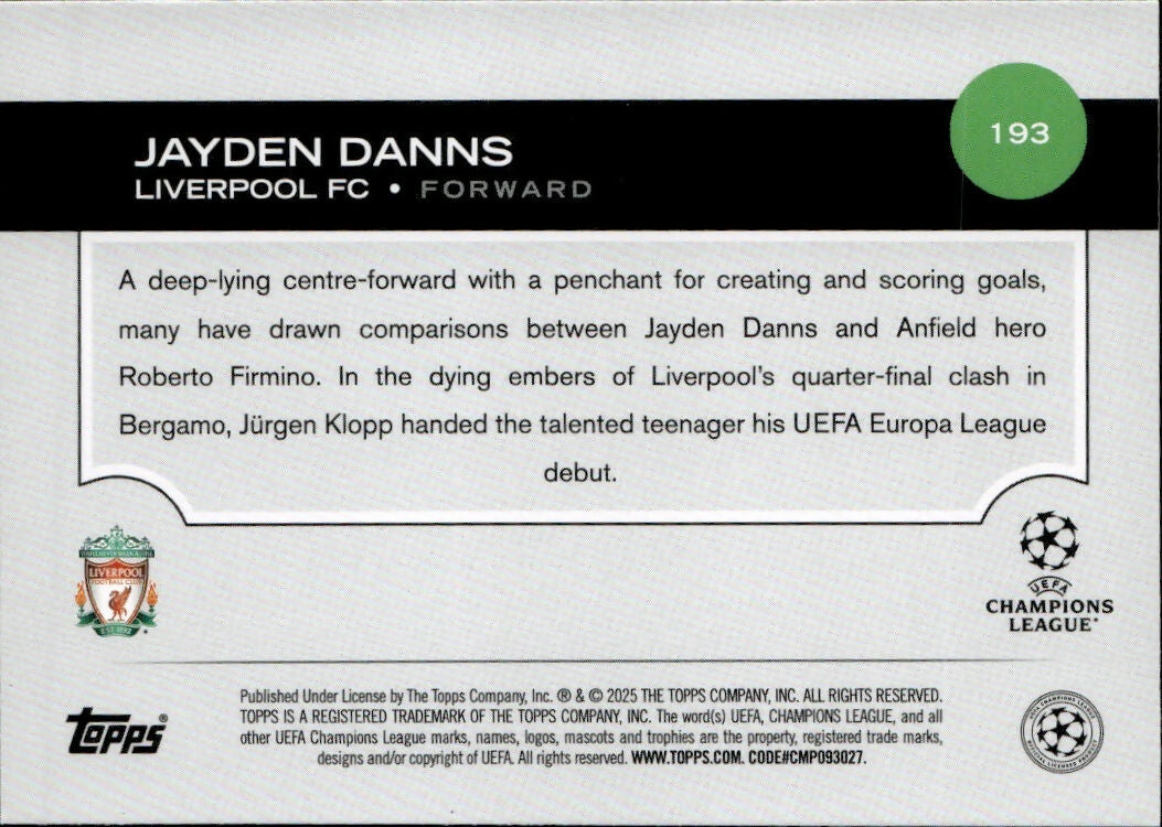 2024-25 Topps UEFA Club Competitions - Base #193 Jayden Danns - Liverpool FC - B