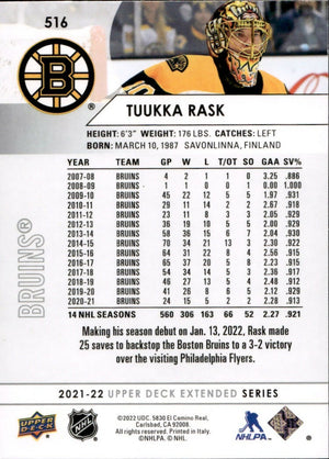 2021-22 Upper Deck Extended Series Hockey - Base #516 Tuukka Rask - Boston Bruins - B