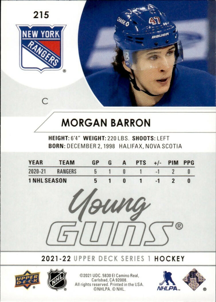 2021-22 Upper Deck Series 1 - Base - Young Guns #215 Morgan Barron - New York Rangers - B