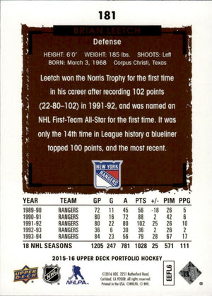 2015-16 Upper Deck Portfolio Hockey - Base #181 Brian Leetch - New York Rangers