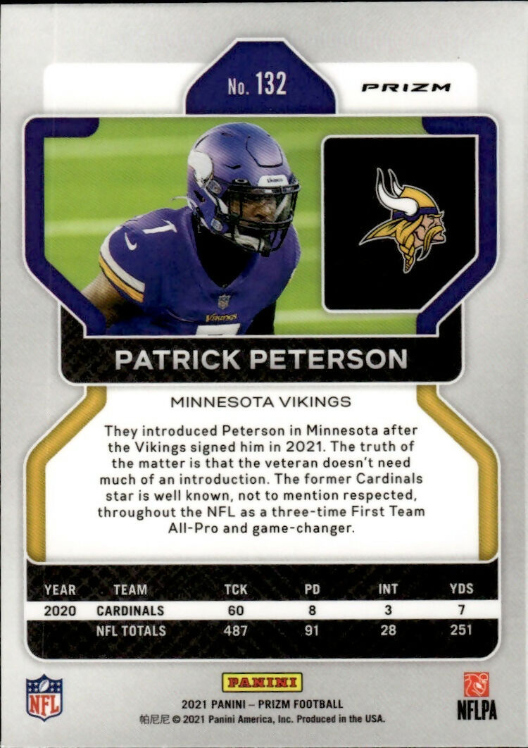 2021 Panini Prizm Football Base - Red White And Blue Prizm #132 Patrick Peterson Minnesota Vikings - B