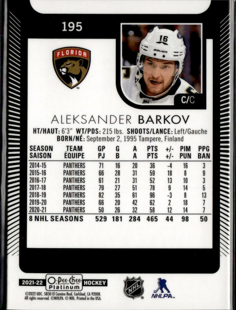 2021-22 Upper Deck O-Pee-Chee Platinum Hockey - Base #195 Aleksander Barkov - Florida Panthers - B