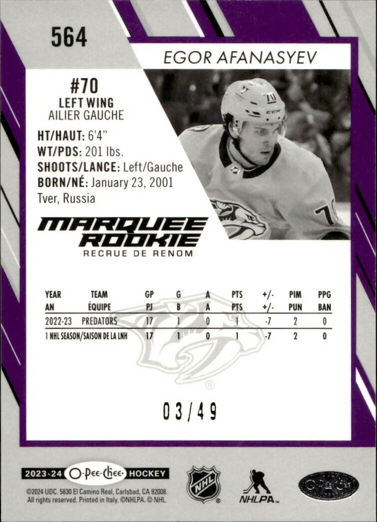 2023-24 Upper Deck O-Pee-Chee Hockey - Base - Purple Boarder - Marquee Rookie :49 #564 Egor Afanasyev - Nashville Predators - B